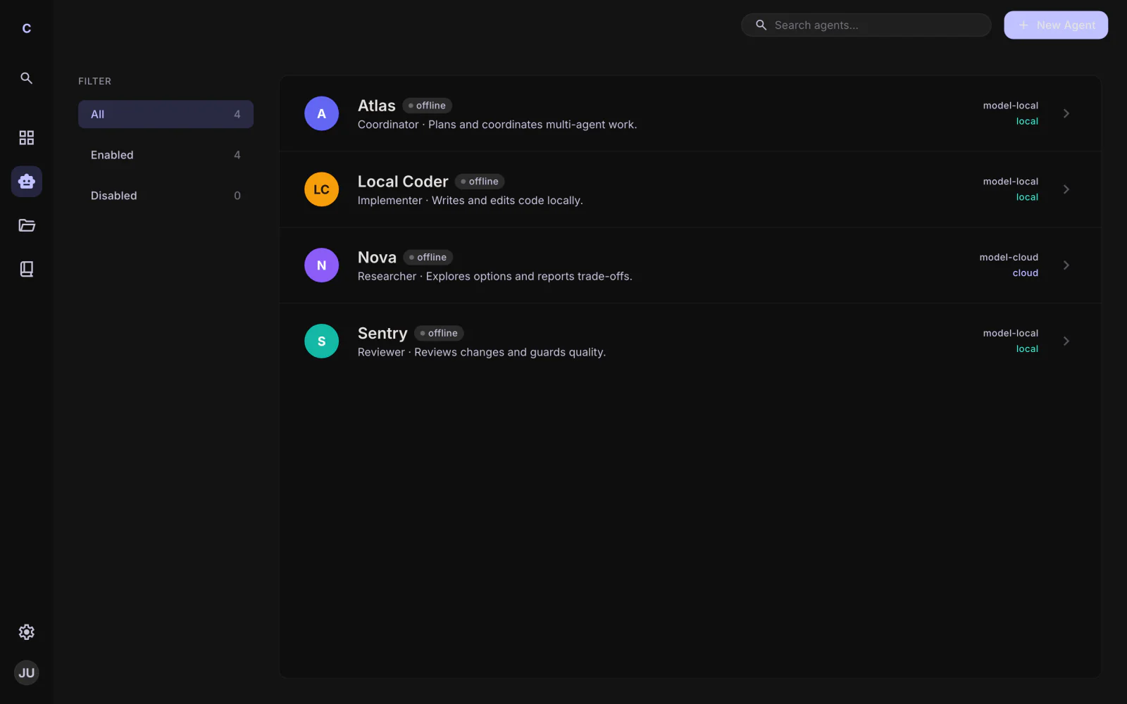Complete dark COLTER app agent directory with configured development agents, filters and model labels