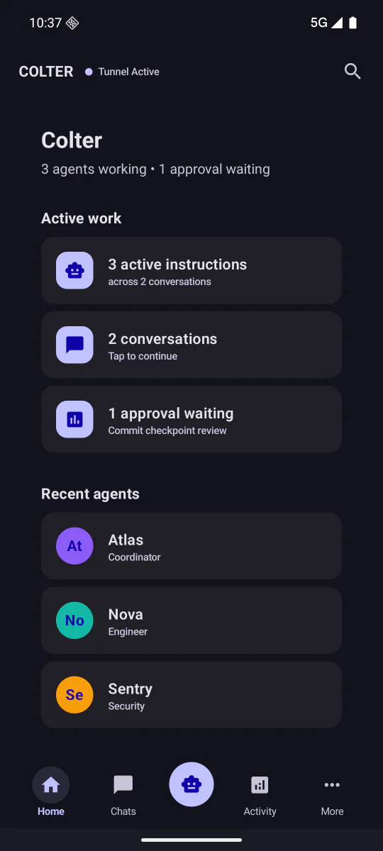 Complete dark Android COLTER mobile Home screen with an injected connection state, not a live connection